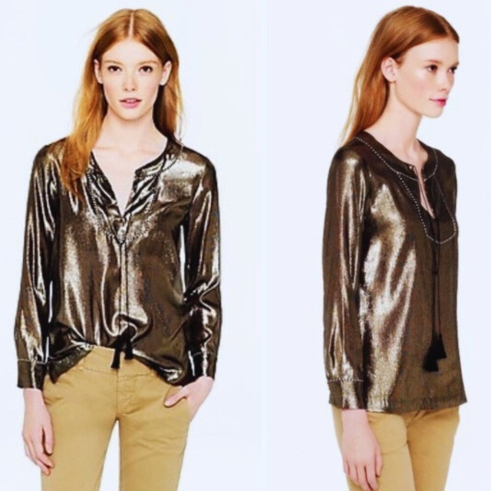 J Crew Black‎ Label Metallic Gold Silk Blend Tunic Blouse, size 4
